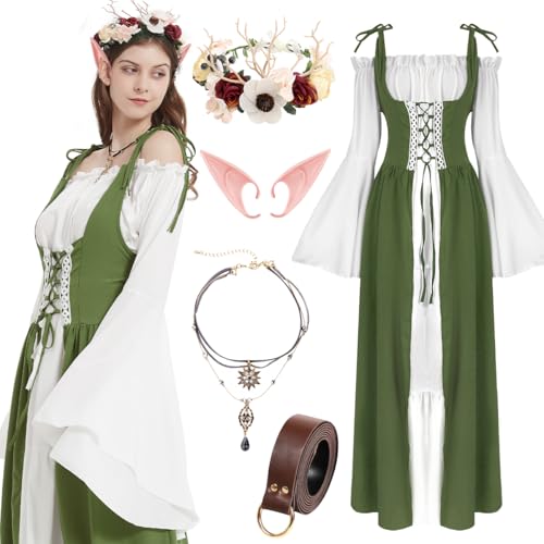 WILDPARTY Mittelalter Kleid Damen Renaissance Kleidung, Elfenohren Halskette Blumenkrone Ledergürtel, Trompetenärmel Halloween Cosplay Karneval Kostüm, Lange Retro Partykleid von WILDPARTY