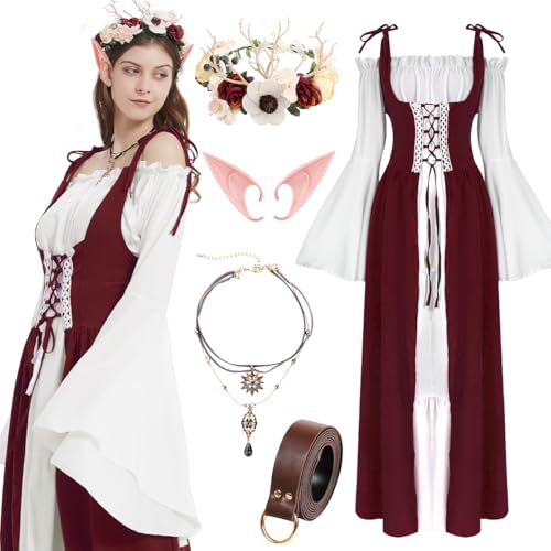 WILDPARTY Mittelalter Kleid Damen Renaissance Kleidung, Elfenohren Halskette Blumenkrone Ledergürtel, Trompetenärmel Halloween Cosplay Karneval Kostüm, Lange Retro Partykleid von WILDPARTY