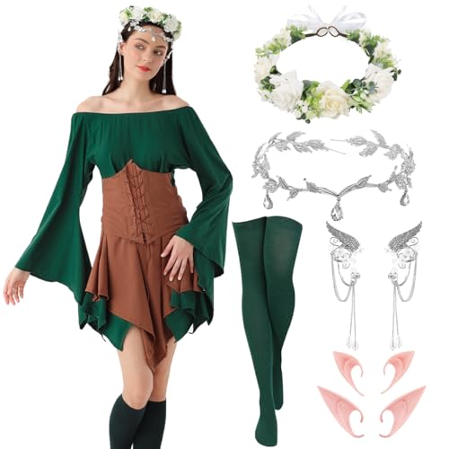 WILDPARTY Mittelalter Kostüm Damen Renaissance Kleid Korsett Trompetenärmel Traditionelles Irisches Kleidung Karneval Fasching Mottoparty Off Shoulder von WILDPARTY