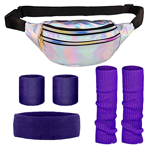 WILDPARTY 80er Jahre Kleidung Violett Set Sportlicher Stil, Bauchtasche, Beinwärmer, Armbänder, Neon Stirnband, 80er Jahre Outfit Damen Party Kostüm Accessoires Neon Kinder Erwachsener von WILDPARTY