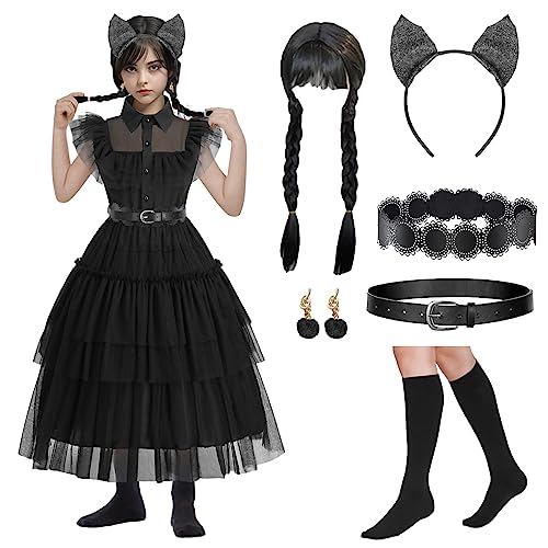 WILDPARTY Wednesd Adam Kostüm Damen, Mittwochs Kleid Katzenohr-Stirnband, Gürtel, Hüftgurt, Ohrrin, Perücke, Strumpf, Addam Family Kostüm Gothic Halloween Karneval Fasching Cosplay Party von WILDPARTY