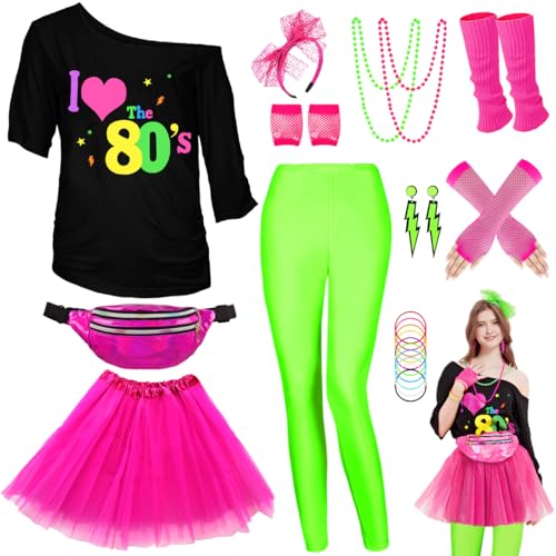 WlLDPARTY 80er-Jahre-Kostüm-Zubehör-Set für Damen, T-Shirt, Leggings, Tutu, Rock, Bauchtasche, Stirnband, Ohrringe, Halskette, Netzhandschuhe, Beinstulpen, 80er-Jahre-Party-Outfits (grüne Leggings), von WILDPARTY