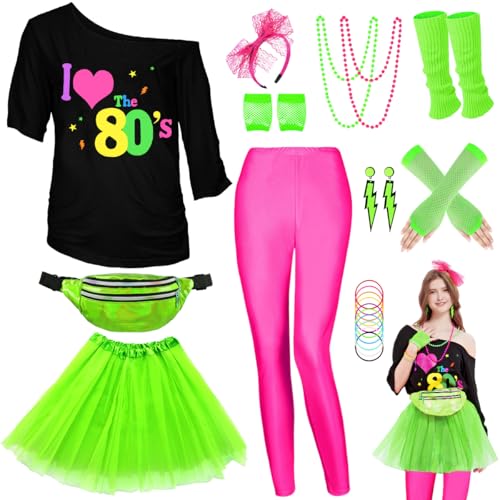 WlLDPARTY 80er-Jahre-Kostüm-Zubehör-Set für Damen, T-Shirt, Leggings, Tutu, Rock, Bauchtasche, Stirnband, Ohrringe, Halskette, Netzhandschuhe, Beinstulpen, 80er-Jahre-Party-Outfits (pinke Leggings), von WILDPARTY