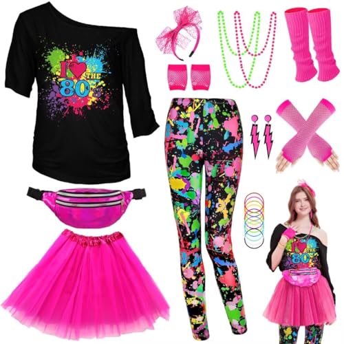 WlLDPARTY 80er Jahre Outfit Damen Kostüm Zubehör Set T-Shirt Leggings Tutu Rock Bauchtasche Stirnband Fischnetz Handschuhe Beinstulpen, Leggings-bunt-Plus 3, XX-Large von WILDPARTY