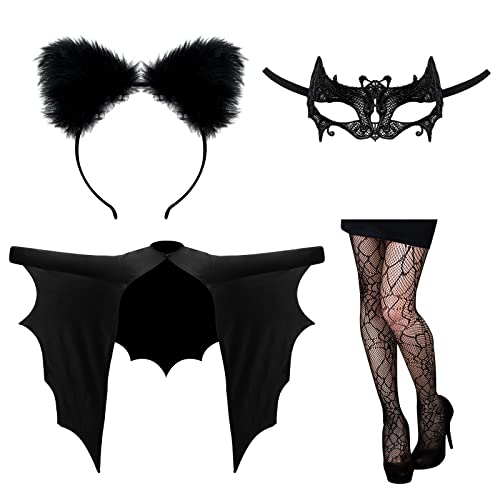 WILLBOND 4-teiliges Halloween-Fledermaus-Kostüm-Set mit Fledermausumhang, Stirnband, Maske, Spinnen-Strümpfe, Damenkostüme für Cosplay-Party, Schwarz, XL von WILLBOND