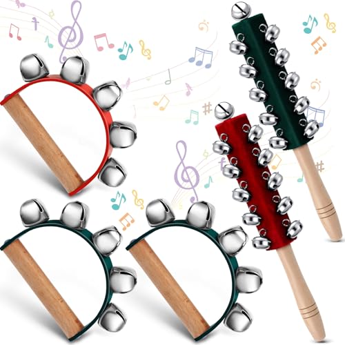 WILLBOND 5 Stücke Weihnachten Hand Jingle Bells Holzgriff Glocken Jingle Shaker Schlitten Glocke Weihnachten Shaker Glocke Rassel Musikglocke Instrumente für Weihnachten Geburtstag Party Dekoration, von WILLBOND