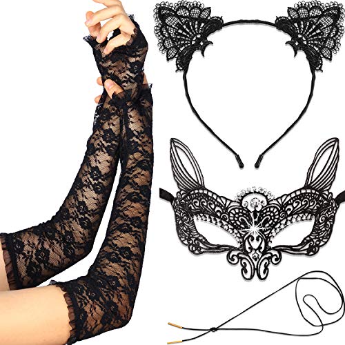 WILLBOND Halloween Cat Costume, Masquerade Mask, Lace Cat Ear Headband, Lace Gloves, Choker Necklace for Woman von WILLBOND