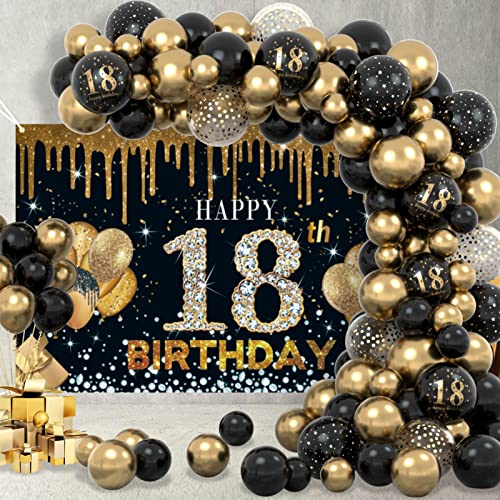 18. Geburtstag Dekoration Jungen Banner, Extra Große 18. Geburtstag Schwarz Gold Banner Poster und Schwarz Gold luftballons Konfetti Luftballons, 18 Geburtstag Jungen Mädchen Geburtstagsdeko Partydeko von WINAROI