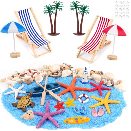 43 Stück Strand Mikrolandschaft, Miniatur Strand Deko, Mini Liegestuhl Strandkorb Sonnenschirm Kleine Palme Muscheln Deko Accessoires, für DIY Garten Beach Dekoration von WINKIO