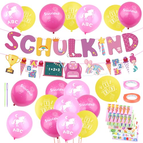 27PCS Deko Einschulung Mädchen 2024, Schulanfang Deko mit Luftballon Girlande, Rosa Einhorn Schulkind Deko Set, Inkl.18 Luftballons mit ABC, 123 Motiv für Mädchen, Aufkleber Einschulung (ROSA) von WINKIO