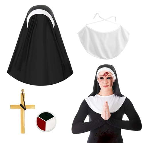 2023 Nonne Kostüm Set Nonne Hut Nonne Kragen Kreuz Anhänger Halskette Schwarz & Weiß & Rot Körperfarben für Halloween Cosplay Karneval Mottoparty von WINUSD