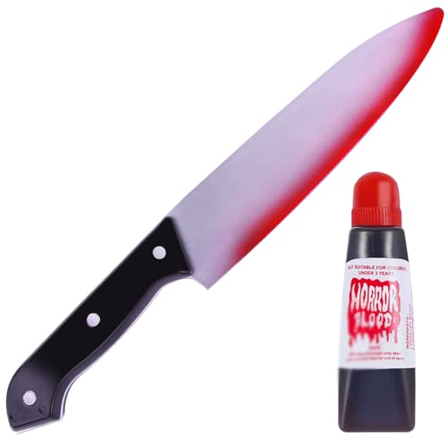 2PCS Halloween Kostüm Fake blutiges Messer Requisiten Set, Fake Messer und Fake Blut, Halloween Schrei Kostüm Dekorationen für Zubehör Aprilscherz Tag Scherzartikel von WINUSD