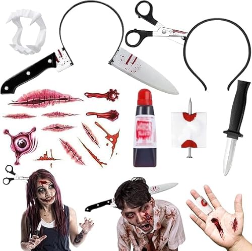 WINUSD 7Pcs Halloween Fake Messer durch Stirnbänder Kit, 2024 Stirnband Make-up Kostüm für Halloween Cosplay Party Haar Zubehör, Halloween Requisiten mit 12Pcs Halloween Temporäre Tattoos Aufkleber von WINUSD