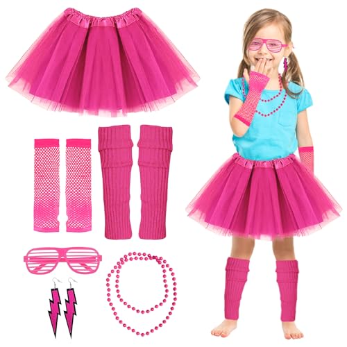 WINUSD 6 in 1 Mädchen 80er Jahre Kostüm Zubehör Set, 80er Jahre Thematische Party Outfits, Mädchen Neon Outfits, Halloween Cosplay 80er Stil Kleidung Thematische Party Requisiten von WINUSD