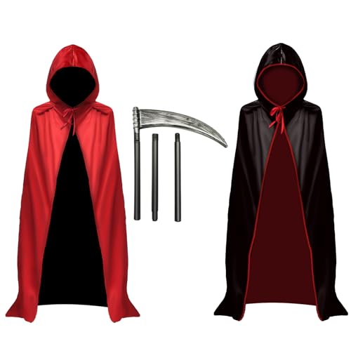 WINUSD Teufelskostüm und Sensenmann Zubehör, Halloween Vampir Umhang mit Kapuze, Wendeumhang für Erwachsene, schwarzer und roter Teufelsumhang, Sensenmann Waffe für Halloween (Death Suit Set) von WINUSD