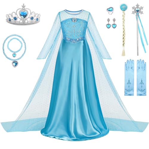 WIOLETA Elsa kostüm mädchen, Elsa Kleid Kinder Set, Prinzessin Kleid Mädchen Prinzessin Kostüm Mädchen mit Krone, Zauberstab, künstlichem Zopf, Ohrringen, Ring, Halskette, Armband, Handschuhen von WIOLETA