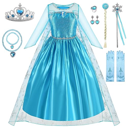 WIOLETA Elsa kostüm mädchen, Elsa Kleid Kinder Set, Prinzessin Kostüm Mädchen Prinzessin Kleid Mädchen mit Krone, Zauberstab, künstlichem Zopf, Ohrringen, Ring, Halskette, Armband, Handschuhen von WIOLETA