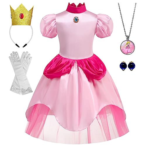 WIOLETA Princess Peach Costume Peach Kostüm Rosa Prinzessin Kleid Mädchen Prinzessin Kostüm Mädchen mit Krone, Ohrringen, Halskette, Handschuhen für 3-10 Jahre von WIOLETA