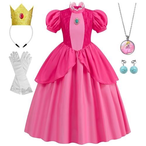 WIOLETA Princess Peach Costume Peach Kostüm Rosa Prinzessin Kleid Mädchen Prinzessin Kostüm Mädchen mit Krone, Ohrringen, Halskette, Handschuhen für 3-10 Jahre von WIOLETA