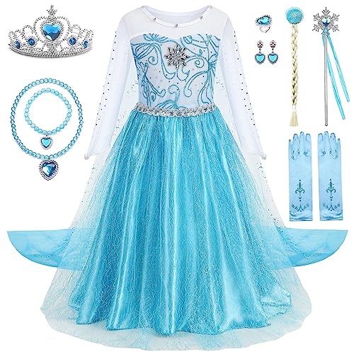 WIOLETA Elsa Kleid Kinder Set, Elsa kostüm mädchen, Blaues Prinzessin Kleid Mädchen Prinzessin Kostüm Mädchen mit Krone, Zauberstab, Halskette, Armband, Ohrringen, Ring, falschen Zöpfen, Handschuhen von WIOLETA