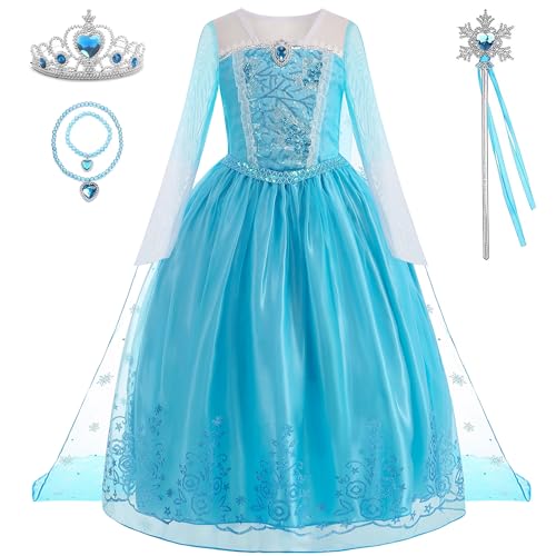 WIOLETA Elsa kostüm mädchen, elsa kostüm Accessoires für Mädchen,Blaues Prinzessin Kleid Mädchen Prinzessin Kostüm Mädchen mit Krone, Zauberstab, Halskette von WIOLETA