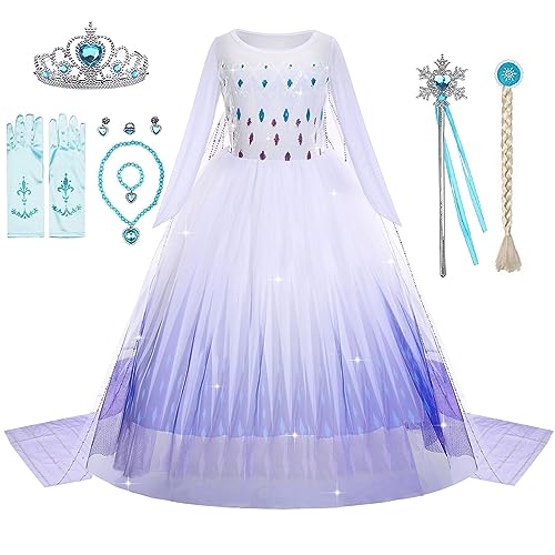 WIOLETA Lila Prinzessin Kleid Mädchen Prinzessin Kostüm Mädchen mit Krone, Zauberstab, Ring, Ohrringen, Halskette, Armband, falschen Zöpfen, Handschuhen für 3-8 Jahre von WIOLETA