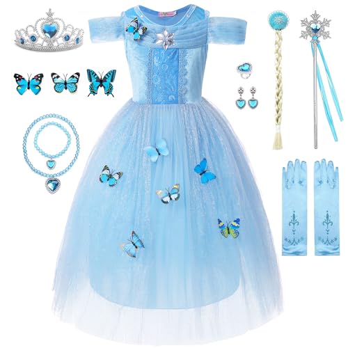 WIOLETA Blaues Prinzessin Kleid Mädchen Prinzessin Kostüm Mädchen mit Krone, Zauberstab, Ring, Ohrringen, Halskette, Armband, Schleife, Handschuhen für 3-8 Jahre von WIOLETA