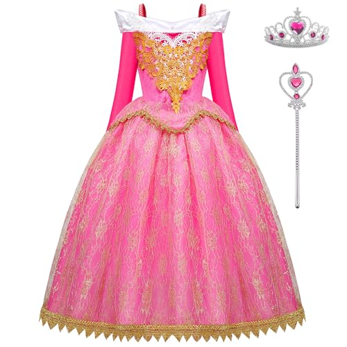 WIOLETA Rosa Prinzessin Kleid Mädchen Prinzessin Kostüm Mädchen Rapunzel Kostüm Kinder Dornröschen Kostüm Kinder mit Krone und Zauberstab für 3-11 Jahre von WIOLETA