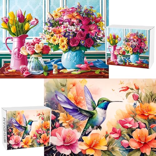 2 Pack Puzzles für Erwachsene 1000 Teile Blumen & Kolibri Puzzles, Muttertags-Puzzles für Erwachsene ab 1000 Teile, Frühlingspuzzles Geschenke für Frauen & Mutter & Lehrer von WISHDIAM