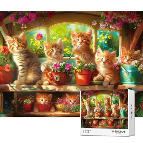 Puzzles 1000 Teile - WISHDIAM Puzzles für Erwachsene - Katzen Kätzchen im Blumenzimmer - Haustiere herausfordernde Puzzles für Heimdekoration Geburtstagsfeier Geschenke Spielzeug(Katzen im Garten) von WISHDIAM