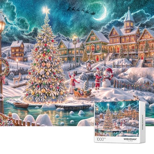 Puzzles 1000 Teile - WISHDIAM Puzzles für Erwachsene - Weihnachtsbaum Schneemann Heiligabend Nacht Urlaub Unmöglich Schwierige Herausfordernde Puzzles für Wohnkultur Geburtstagsfeier Geschenke für von WISHDIAM