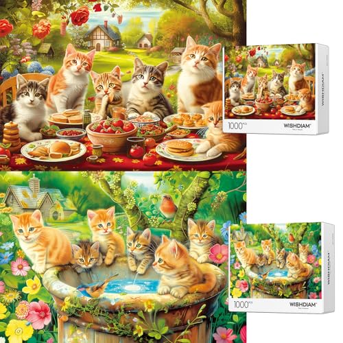 Puzzles 2 Pack 1000 Teile - WISHDIAM Puzzles für Erwachsene - Katzen Lustiges Kätzchen auf Brunnen & Party Unmöglich Schwierige Herausfordernde Puzzles für Wohnkultur Geburtstagsfeier Geschenke von WISHDIAM