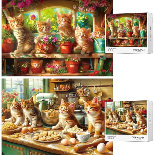 Puzzles 2 Pack 1000 Teile - WISHDIAM Puzzles für Erwachsene - Katzen Lustiges Kätzchen in Küche & Garten Unmöglich Schwierige Herausfordernde Puzzles für Wohnkultur Geburtstagsfeier Geschenke von WISHDIAM