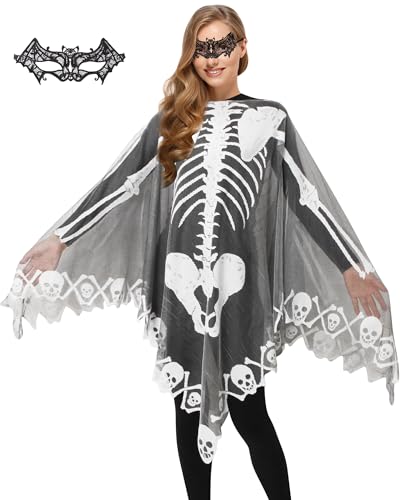 WISHTEN Halloween Skelett Poncho für Frauen Spitze Skelett Umhang Schal mit Fledermaus Maske Halloween Kostüm für Frauen von WISHTEN