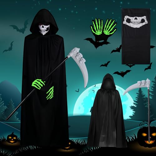 WIYETY Sensenmann Kostüm, Sensenmann Umhang Erwachsene mit Kapuze, Totenkopf Maske, Sense, Leuchtende Skelett Handschuhe, Horror Kostüm Männer und Frauen, für Cosplay Halloween Party von WIYETY