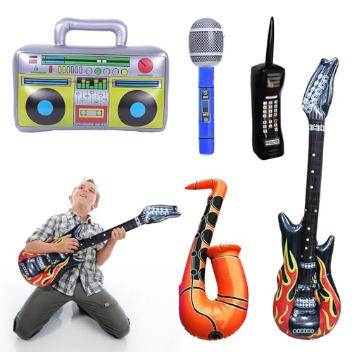 Luftgitarren zum Aufblasen, WJWINER 5 stück Aufblasbare Musikinstrumente, Mikrofon Aufblasbar, Aufblasbare Party Props, Aufblasbare Instrumente, Musikinstrumente für Party Supplies, Favors Ballons von WJWINER