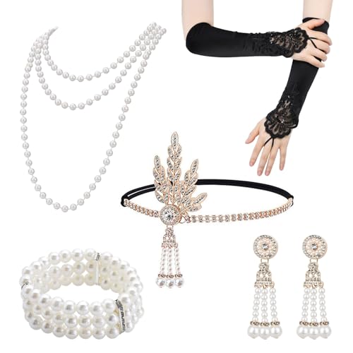 WJWINER 5 Teiliges 20er Jahre Accessoires, Gatsby Accessoires Damen, 20er Jahre Accessoires Damen, Charleston Kostüm 1920 Zubehör Set, Perfekte für 20er Jahre Kostüm Damen, Karneval, Halloween von WJWINER