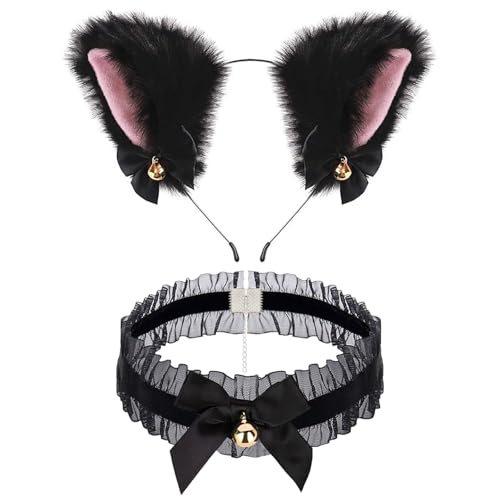 WJWINER Cat Ears, Katzenohren Haarreif, Katze Cosplay Set mit Glöckchen Halskette, Katzenkostüm Damen Haarreif, Plüsch Haarreifen für Weihnachtsfeier, Kinder Und Damen, Cosplay Haarschmuck von WJWINER