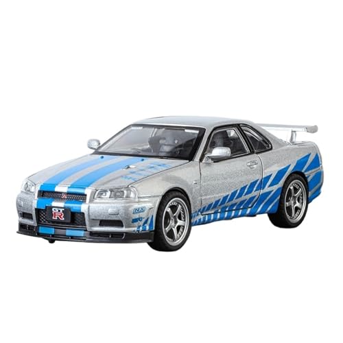 Für Nissan GTR R34 Skyline Supercar Legierung Metall Druckguss Auto Modell Sound & Licht Sammlung Geschenk 1:32(Silver) von WJXNNON