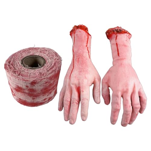 WJnflQN Falsche Hand, Halloween, falsche Hand, gefälschte Hand, menschlicher Arm, blutige Gaze, Halloween, 1 m, falsche Hände, blutige Hände, Makabre Ornament Hintergrund für Zombie-Make-up von WJnflQN