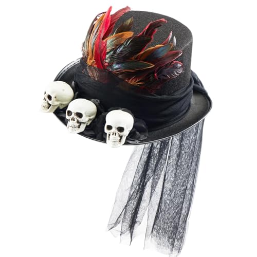 WJnflQN Totenkopf Steampunk Hut,Steampunk Cosplay Hut | Halloween-Hut - Halloween-Kopfbedeckung für Damen und Herren mit Federn, schwarzes Netz, passend für 56–58 cm, Party-Accessoires von WJnflQN