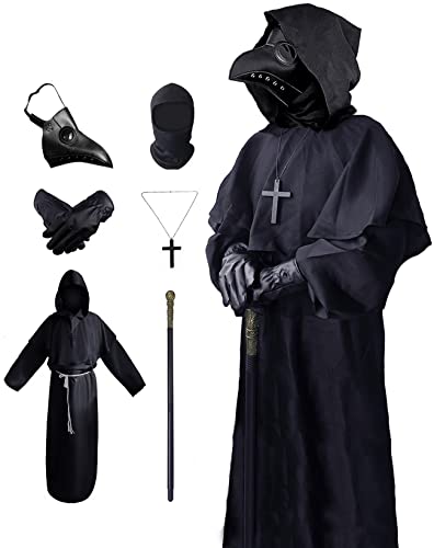 WKLOUYHE Pest Arzt Kostüm Pest Arzt Maske für Erwachsene Männer Frau Jugendliche, Cosplay Halloween (Schwarz, XL) von WKLOUYHE