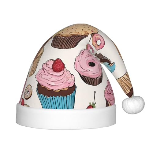 WKSZCYHLKL Weihnachtsmütze für Kinder, Cupcake-Muster, bedruckte Weihnachtsmütze, Weihnachtsmannmütze für Kinder, Unisex, Weihnachtsmannmütze, Urlaubs-Weihnachtsmütze von WKSZCYHLKL