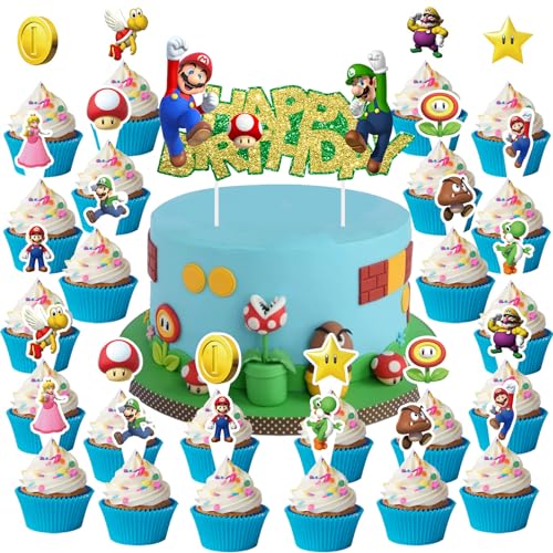 Mario Tortendeko 25 Stück Mario Kuchen Deko, Mario Cake Topper, Mario Figuren, Mario Deko Geburtstag Kuchen, Mario Geburtstag Deko Kindergeburtstag, Party Kuchendeko Happy von WKxinxuan