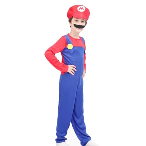 WKxinxuan Mario Kostüm Kinder Jungen Suit, 120-130cm Mario Kostüm Anime Mario Mütze Costume Anzug, Einteiliges Mario Mütze Kostüm für Halloween Weihnachtsfeier Cosplay Kostüm (M) von WKxinxuan