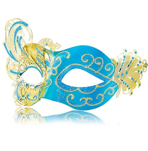 2024 Weiße Maskerade-Maske für Damen, Pfauenmotiv, venezianische Maske, Silber, Maske für Damen, Schmetterling, Karneval, Halloween-Partys, Kostümparty, Karneval, Hochzeit (Blau und Gold) von WLHHBO