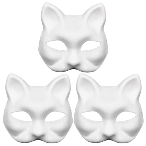 DIY unlackierte Maskerade Maske Katze Papiermaske Weiß Handwerk Maske Zellstoff Blank überstreichbare Masken für Kostüm Halloween 3 Stück von WLHHBO