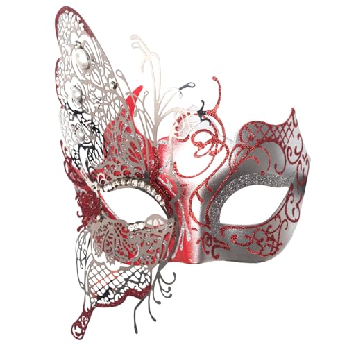 Damen-Maske, Metall, Strass, Halloween, Weihnachten, Party, Abend, Abschlussball, Maske, Schmetterling, Rot, Silber von WLHHBO