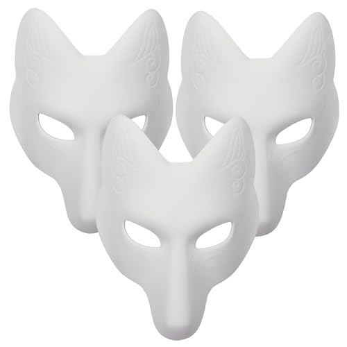 Fuchsmaske, 3 Stück, DIY-Tiermasken, weiß, lackierbar, Halloween, Party, Wolf, Cosplay, Kostüm, Zubehör von WLHHBO