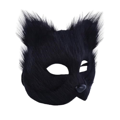 Katzenmaske, Fuchs, Kunstfell, Fuchs, Gesichtsmaske, pelzig, halbe Verkleidung, Augenmaske, Tier, Cosplay, Halloween, Kostüm, Requisite für Damen und Mädchen (schwarz) von WLHHBO